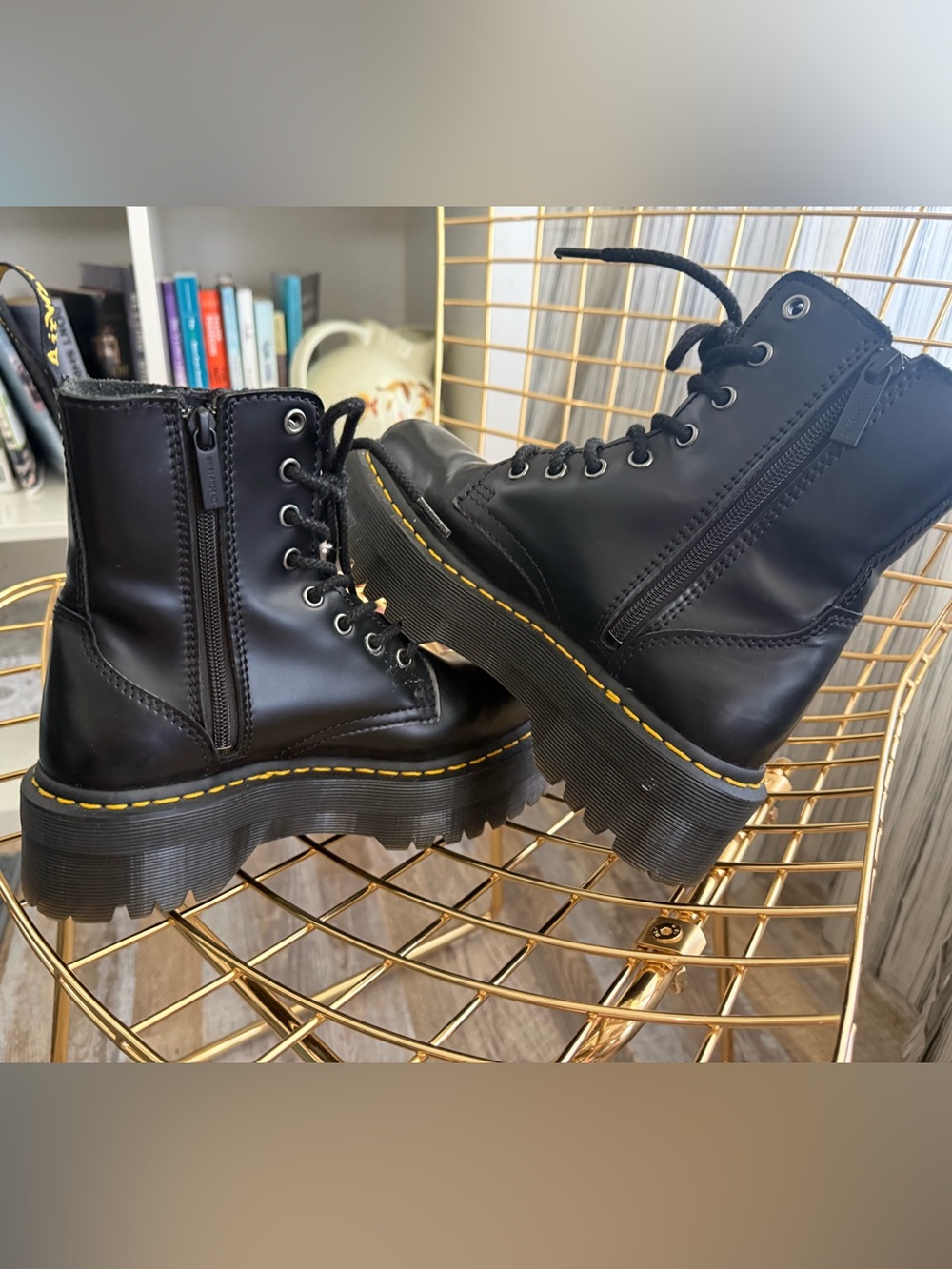 Dr. Martens Black Platform Combat Boots with Yellow Stitching - Picture 1 of 4